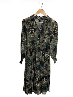 Stella & Julie green paisley long sleeve retro style shirt dress size 6